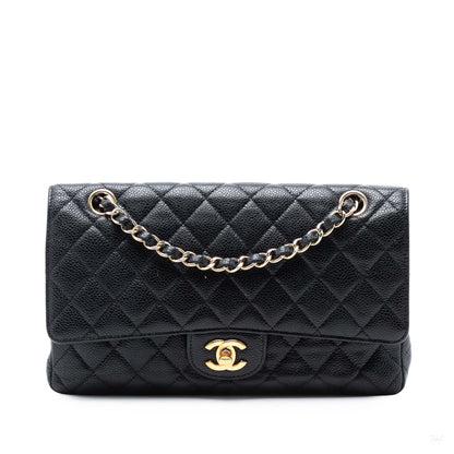 Second hand Chanel Classic Double Flap Medium Caviar Leather Matelassè Shoulder Bag Black - Tabita Bags