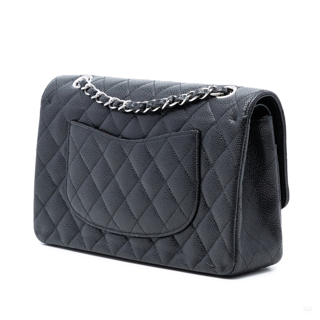 Second hand Chanel Classic Double Flap Medium Caviar Leather Matelassè Shoulder Bag Black - Tabita Bags