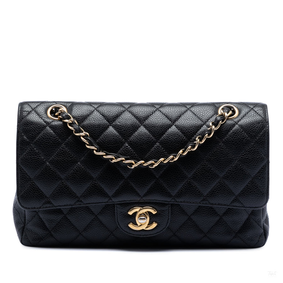 Second hand Chanel Classic Double Flap Medium Caviar Leather Matelassè Shoulder Bag Black - Tabita Bags