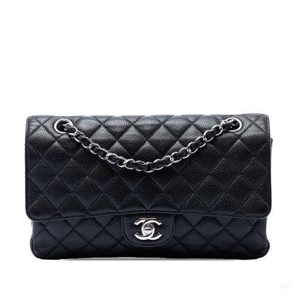 Second hand Chanel Classic Double Flap Medium Caviar Leather Matelassè Shoulder Bag Black - Tabita Bags