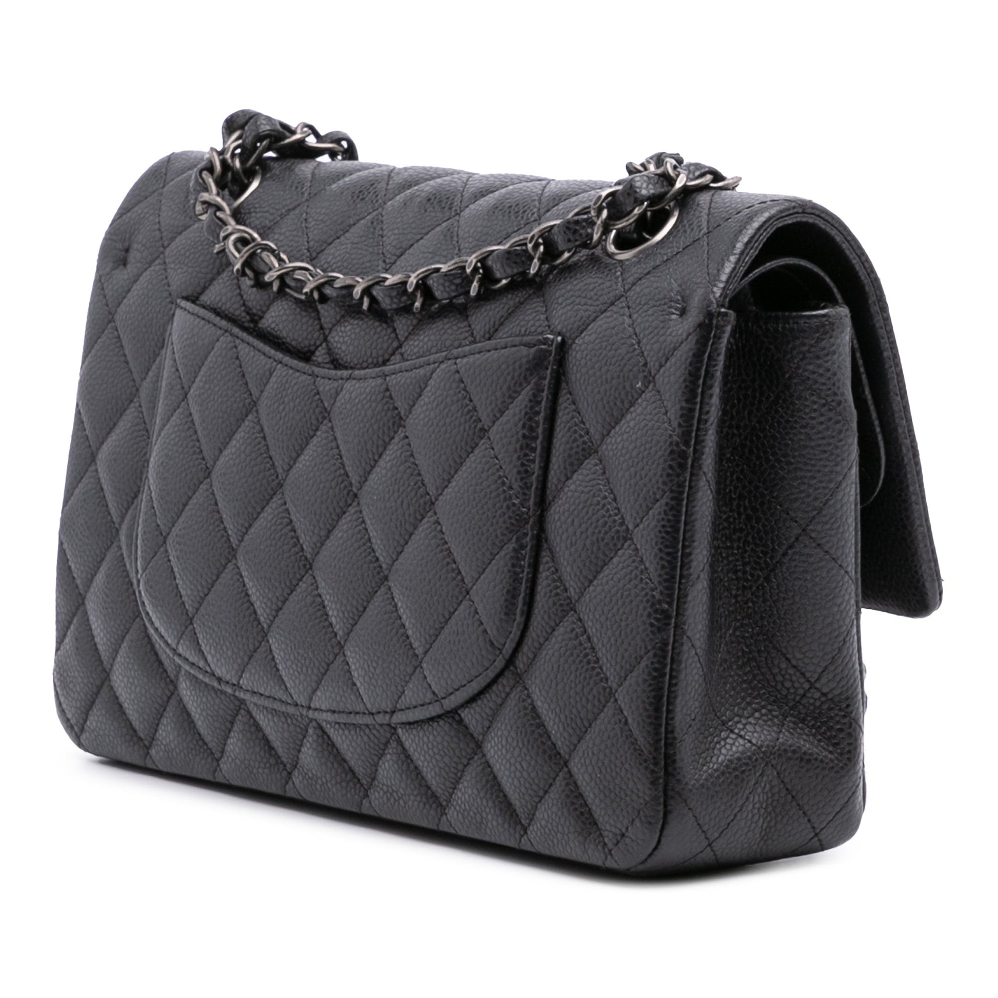 Second hand Chanel Classic Double Flap Medium Caviar Leather Matelassè Shoulder Bag Black - Tabita Bags