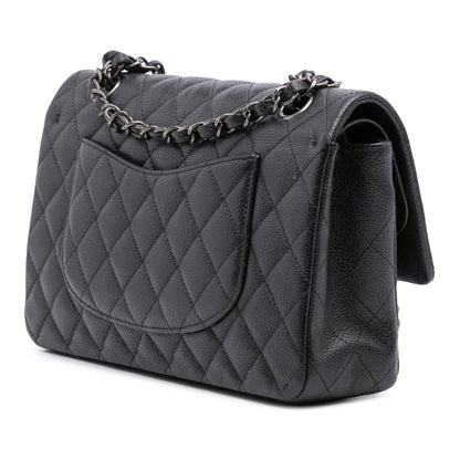 Second hand Chanel Classic Double Flap Medium Caviar Leather Matelassè Shoulder Bag Black - Tabita Bags