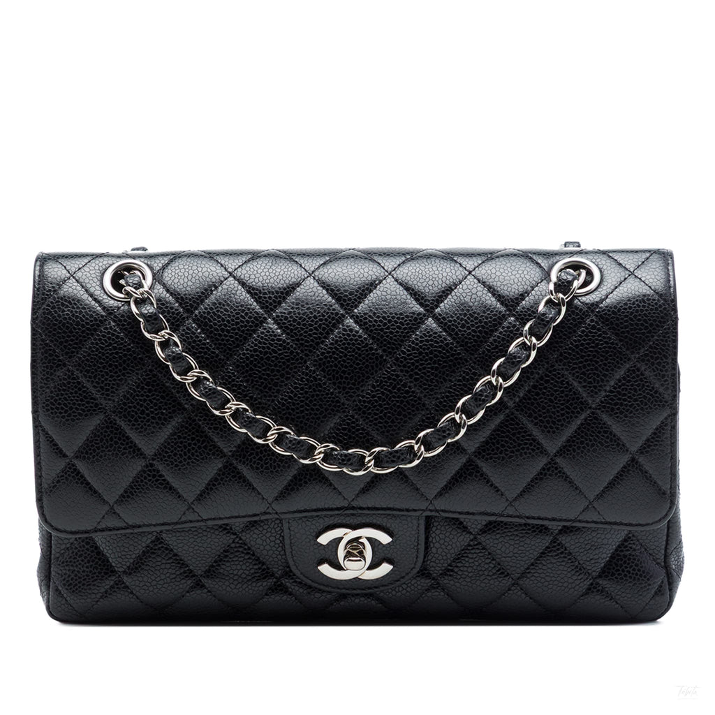 Second hand Chanel Classic Double Flap Medium Caviar Leather Matelassè Shoulder Bag Black - Tabita Bags