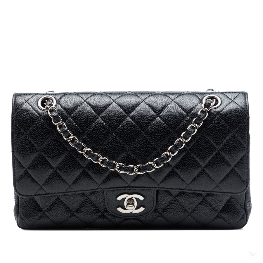 Second hand Chanel Classic Double Flap Medium Caviar Leather Matelassè Shoulder Bag Black - Tabita Bags