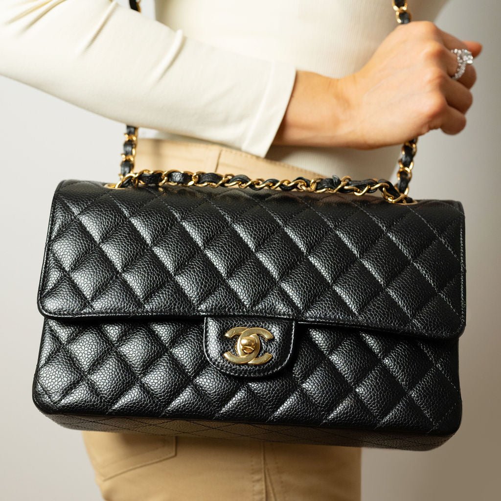 Second hand Chanel Classic Double Flap Medium Caviar Leather Matelassè Shoulder Bag Black - Tabita Bags
