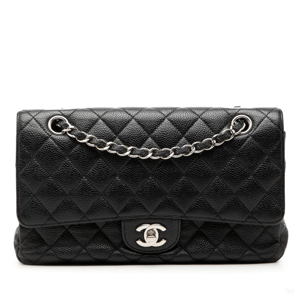 Second hand Chanel Classic Double Flap Medium Caviar Leather Matelassè Shoulder Bag Black - Tabita Bags