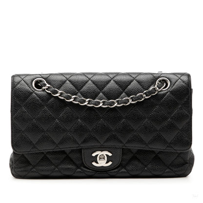 Second hand Chanel Classic Double Flap Medium Caviar Leather Matelassè Shoulder Bag Black - Tabita Bags