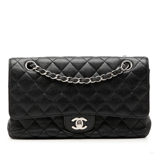Second hand Chanel Classic Double Flap Medium Caviar Leather Matelassè Shoulder Bag Black - Tabita Bags