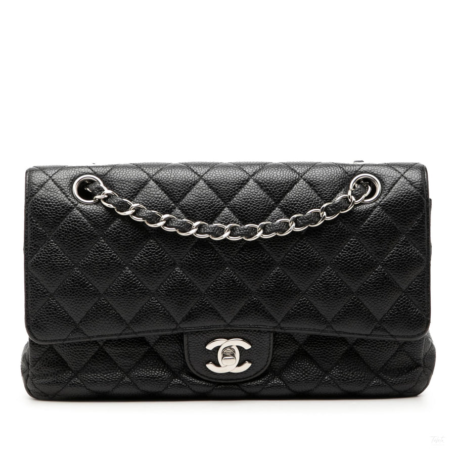 Second hand Chanel Classic Double Flap Medium Caviar Leather Matelassè Shoulder Bag Black - Tabita Bags