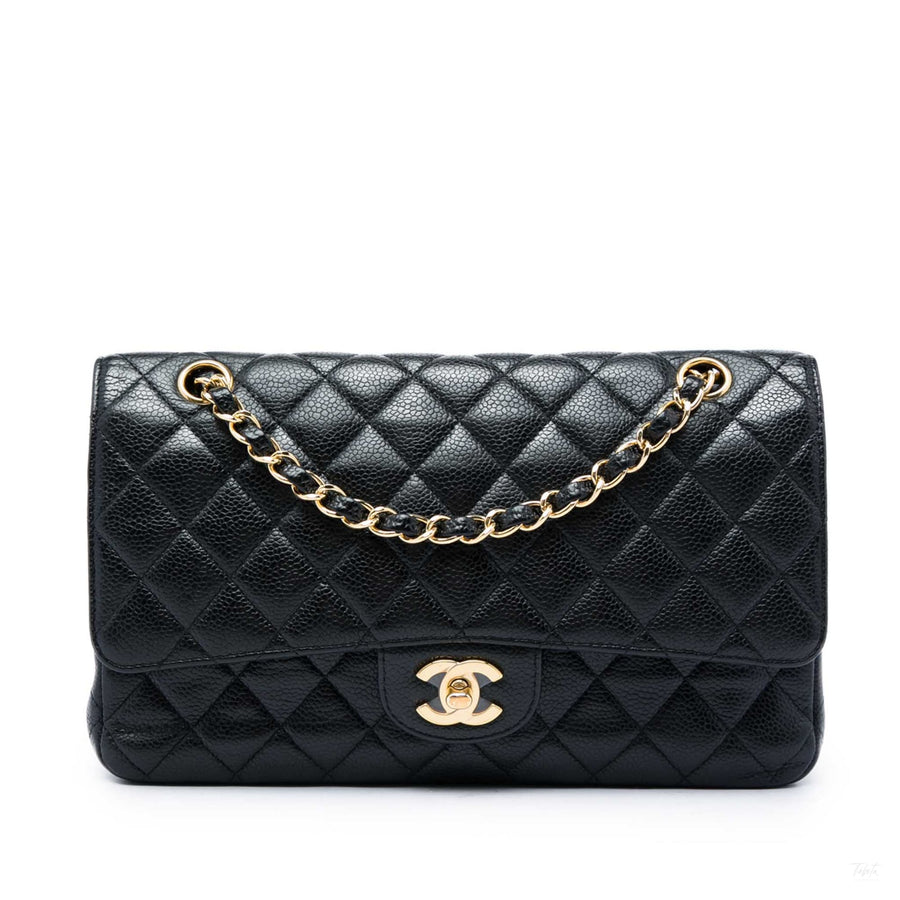 Second hand Chanel Classic Double Flap Medium Caviar Leather Matelassè Shoulder Bag Black - Tabita Bags