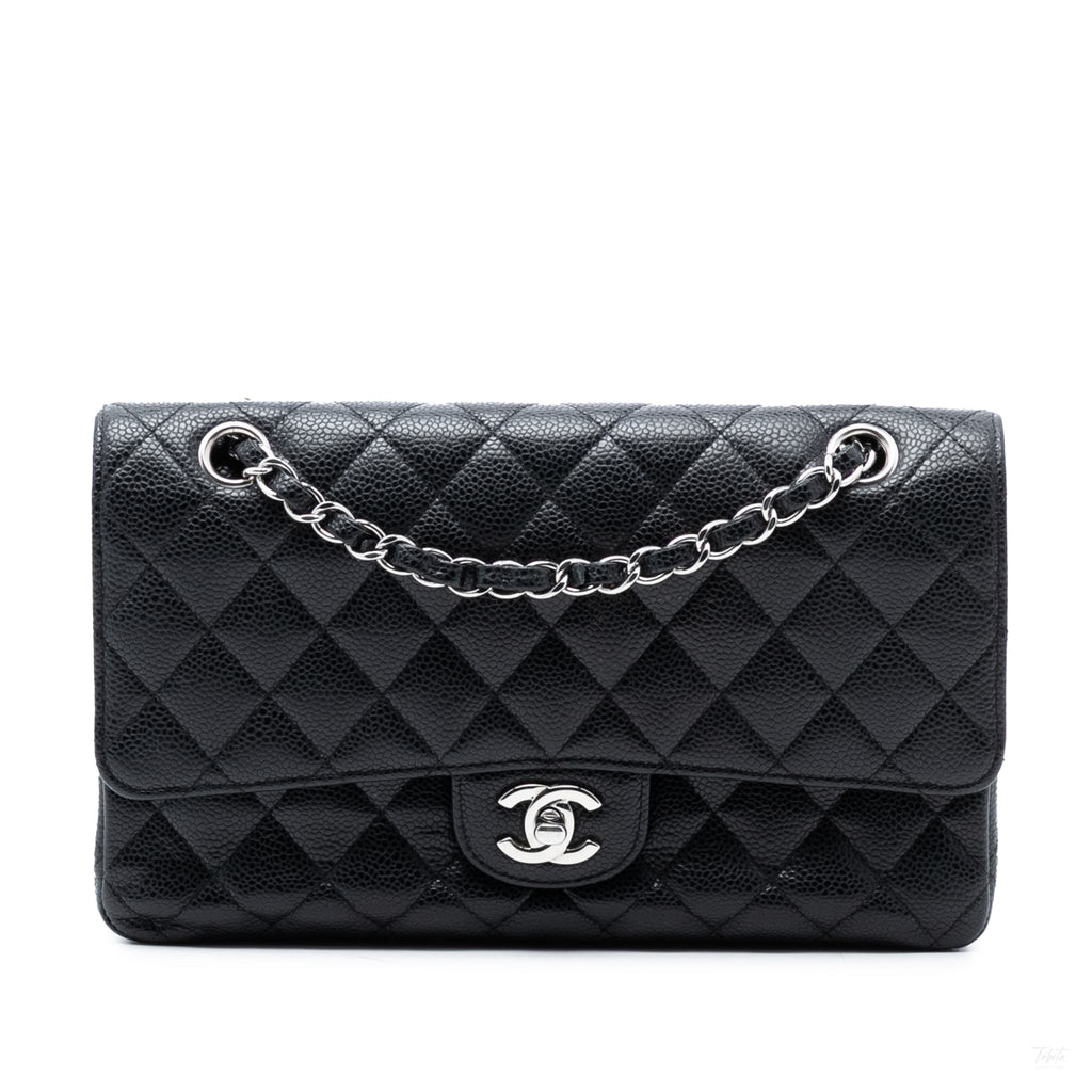 Second hand Chanel Classic Double Flap Medium Caviar Leather Matelassè Shoulder Bag Black - Tabita Bags