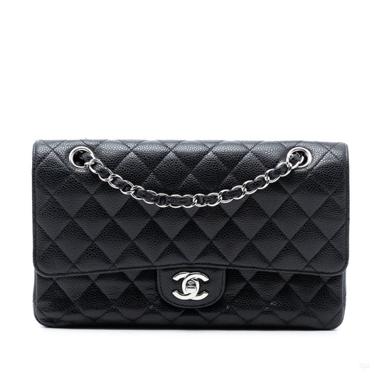 Second hand Chanel Classic Double Flap Medium Caviar Leather Matelassè Shoulder Bag Black - Tabita Bags