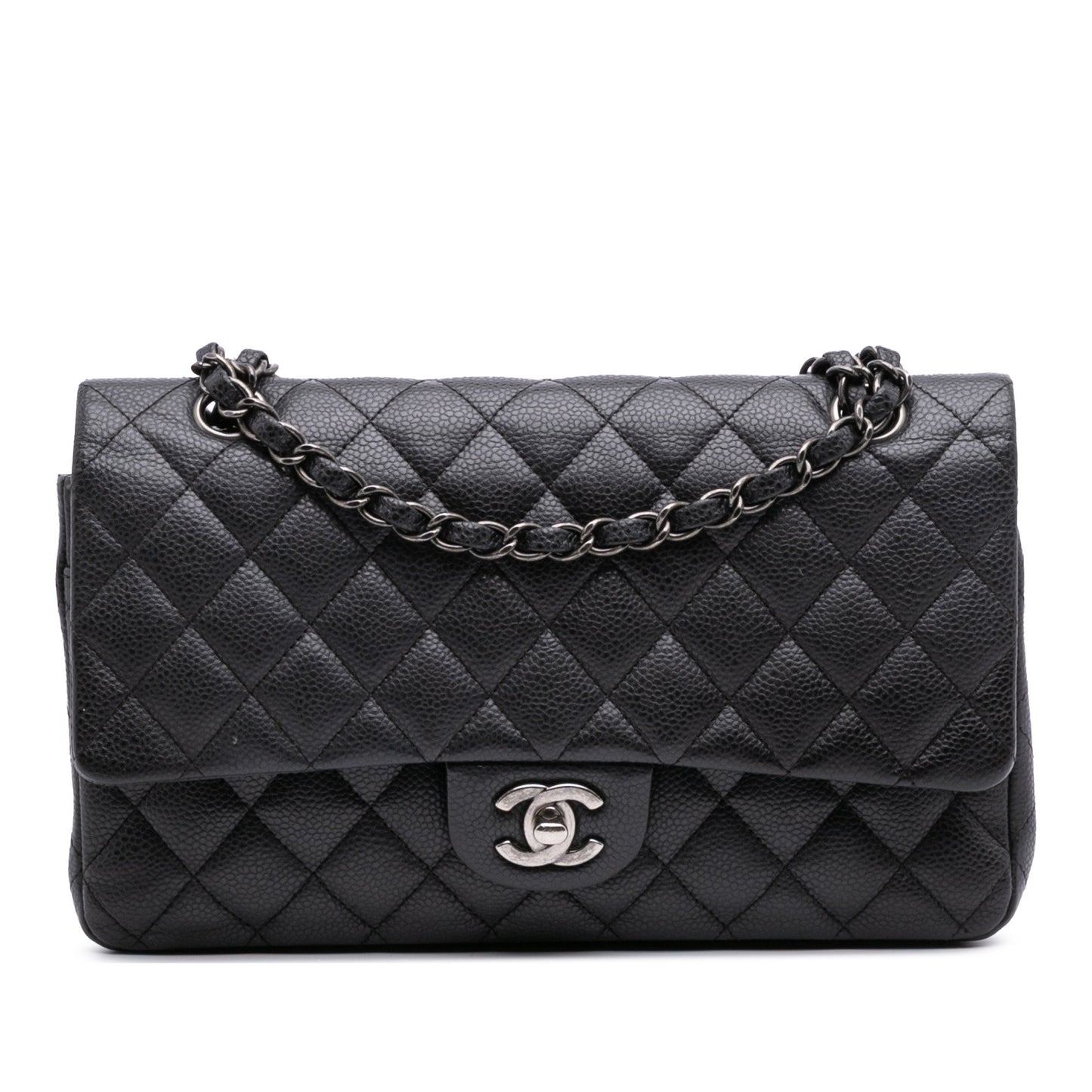 Second hand Chanel Classic Double Flap Medium Caviar Leather Matelassè Shoulder Bag Black - Tabita Bags