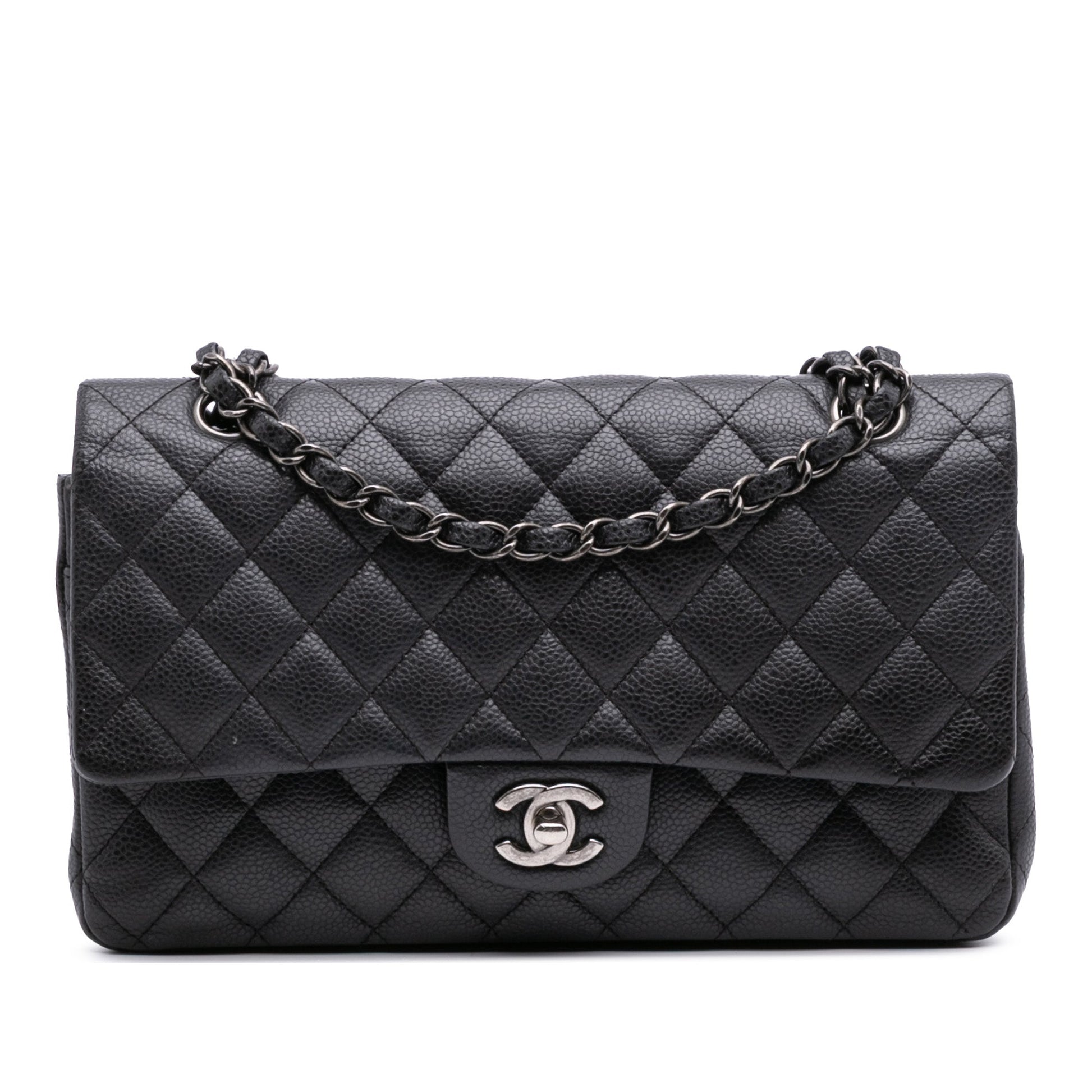 Second hand Chanel Classic Double Flap Medium Caviar Leather Matelassè Shoulder Bag Black - Tabita Bags