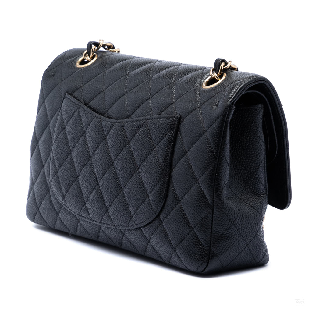 Second hand Chanel Classic Double Flap Medium Caviar Leather Matelassè Shoulder Bag Black - Tabita Bags