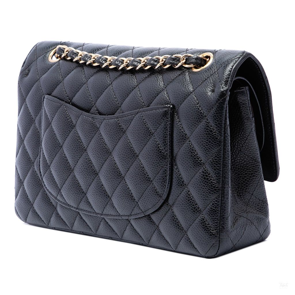 Second hand Chanel Classic Double Flap Medium Caviar Leather Matelassè Shoulder Bag Black - Tabita Bags