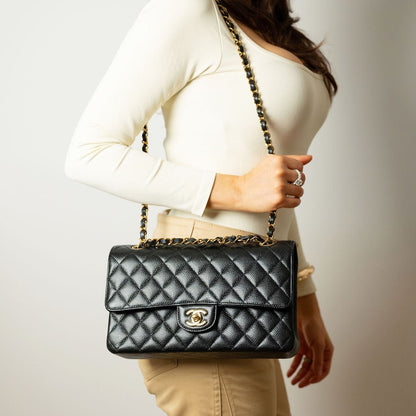 Second hand Chanel Classic Double Flap Medium Caviar Leather Matelassè Shoulder Bag Black - Tabita Bags
