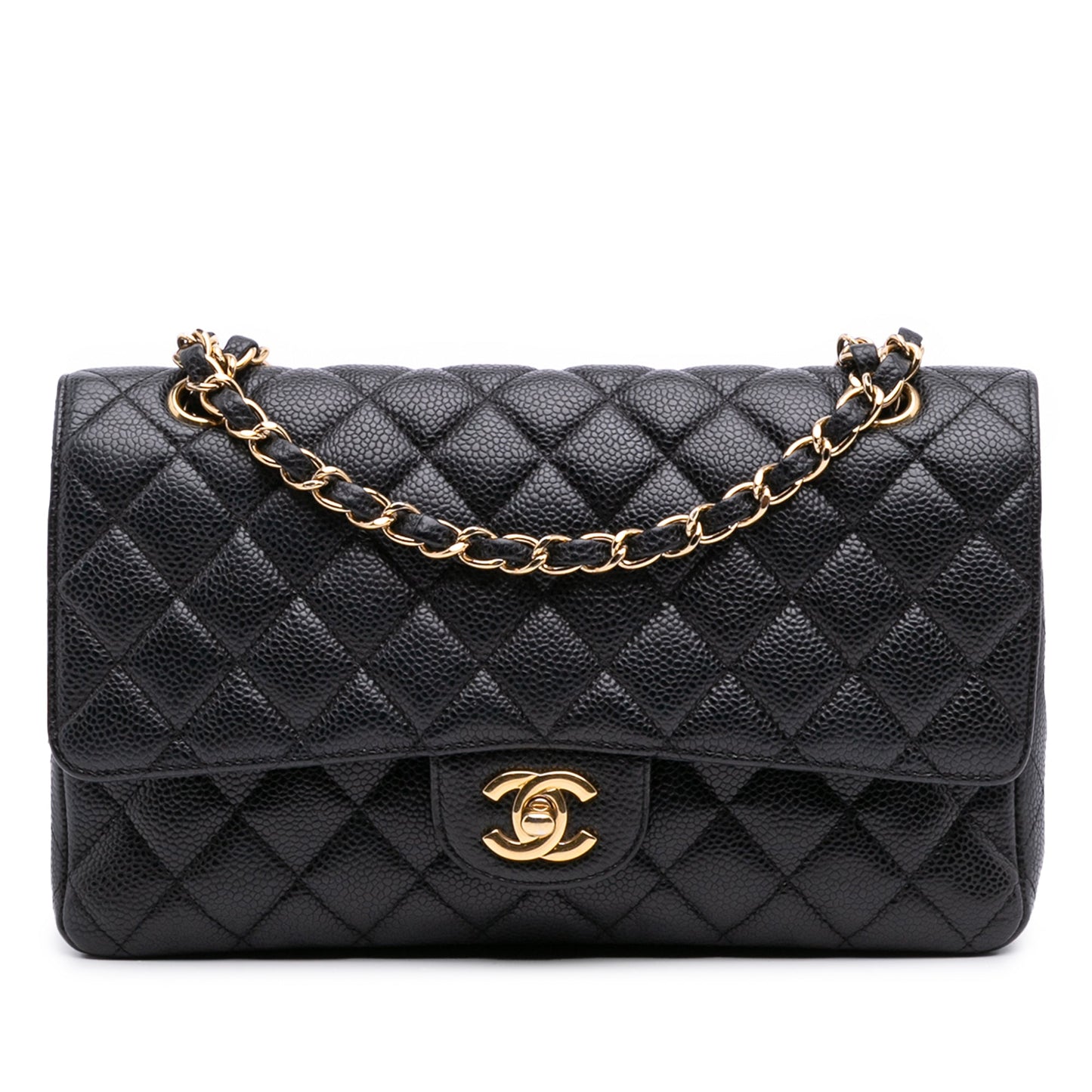 Second hand Chanel Classic Double Flap Medium Caviar Leather Matelassè Shoulder Bag Black - Tabita Bags