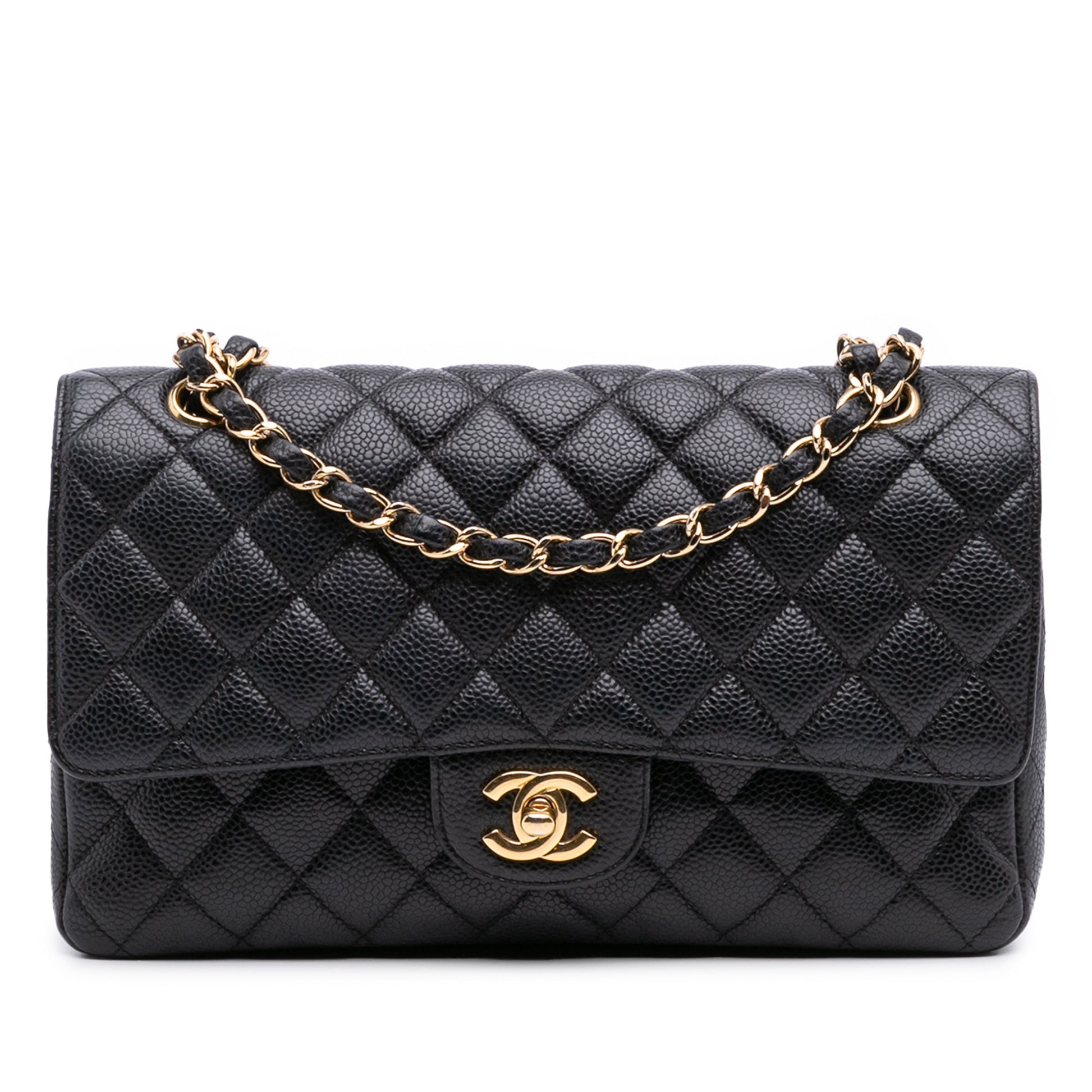 Second hand Chanel Classic Double Flap Medium Caviar Leather Matelassè Shoulder Bag Black - Tabita Bags