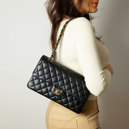 Second hand Chanel Classic Double Flap Medium Caviar Leather Matelassè Shoulder Bag Black - Tabita Bags