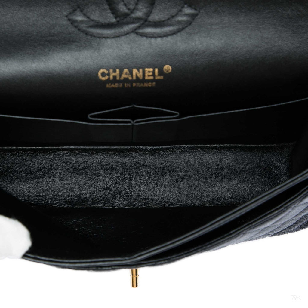 Second hand Chanel Classic Double Flap Medium Caviar Leather Matelassè Shoulder Bag Black - Tabita Bags