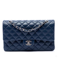 Second hand Chanel Classic Double Flap Medium Caviar Leather Matelassè Shoulder Bag Blue - Tabita Bags
