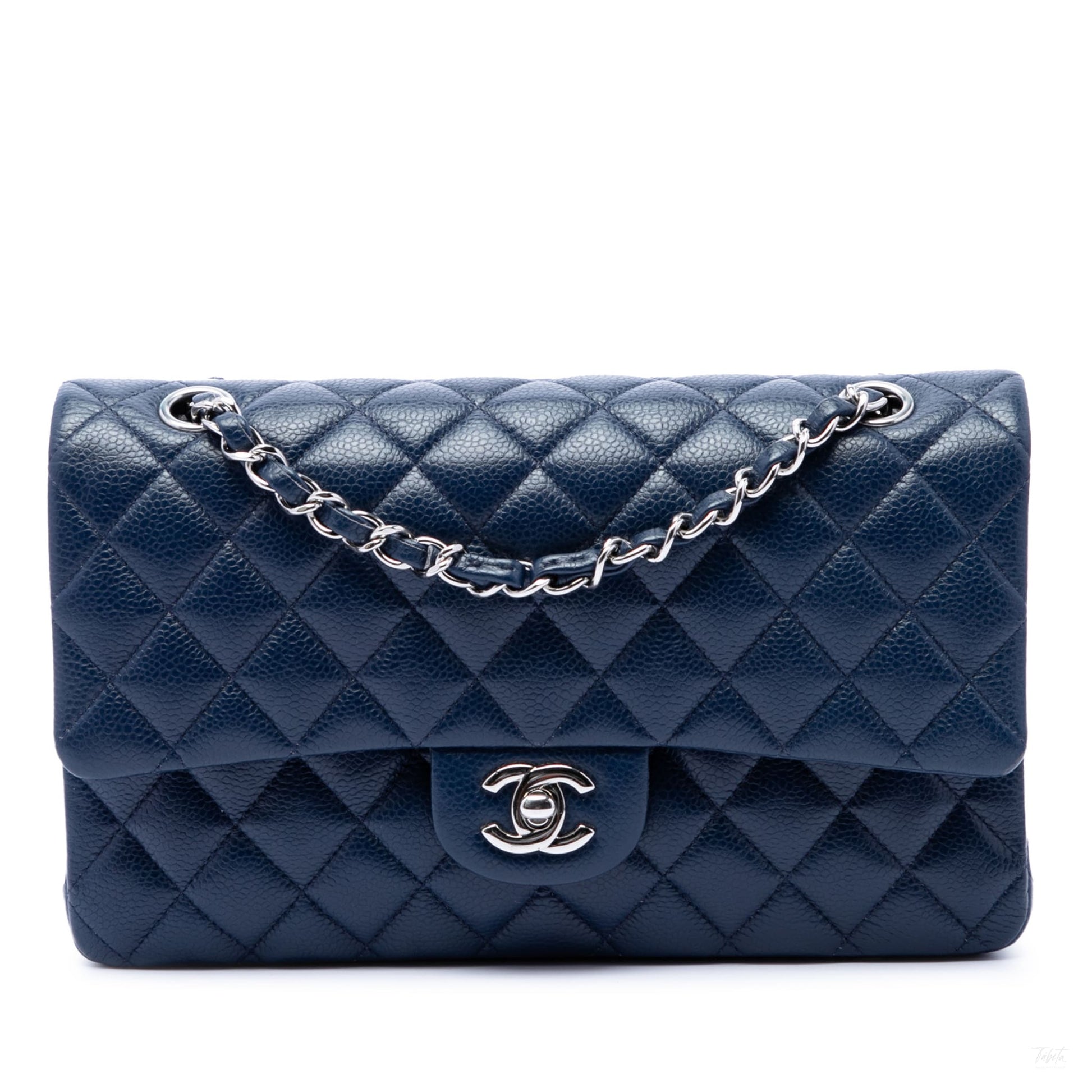 Second hand Chanel Classic Double Flap Medium Caviar Leather Matelassè Shoulder Bag Blue - Tabita Bags