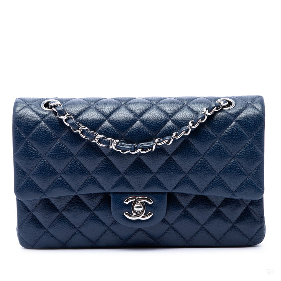 Second hand Chanel Classic Double Flap Medium Caviar Leather Matelassè Shoulder Bag Blue - Tabita Bags