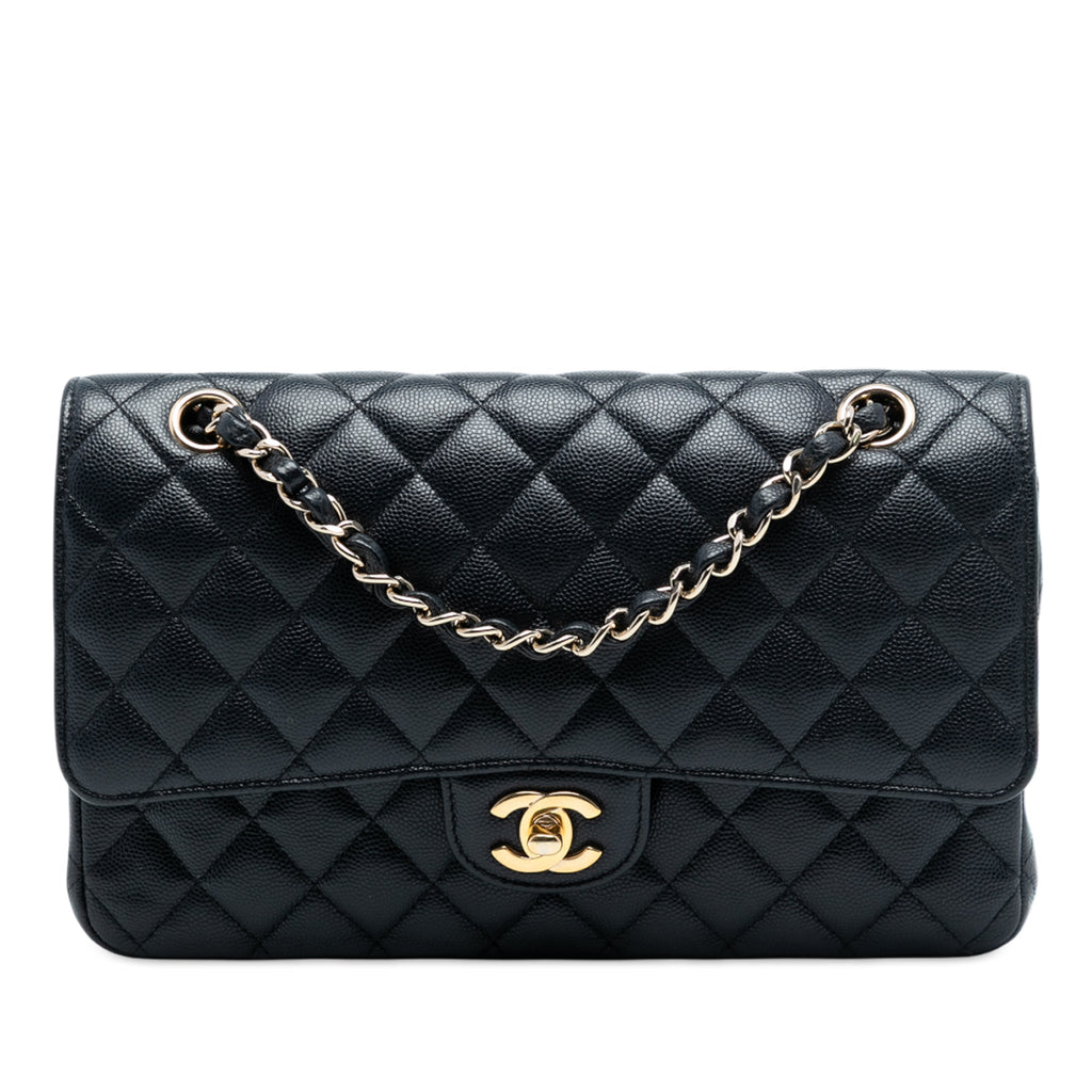 Second hand Chanel Classic Double Flap Medium Caviar Leather Matelassè Shoulder Bag Blue - Tabita Bags