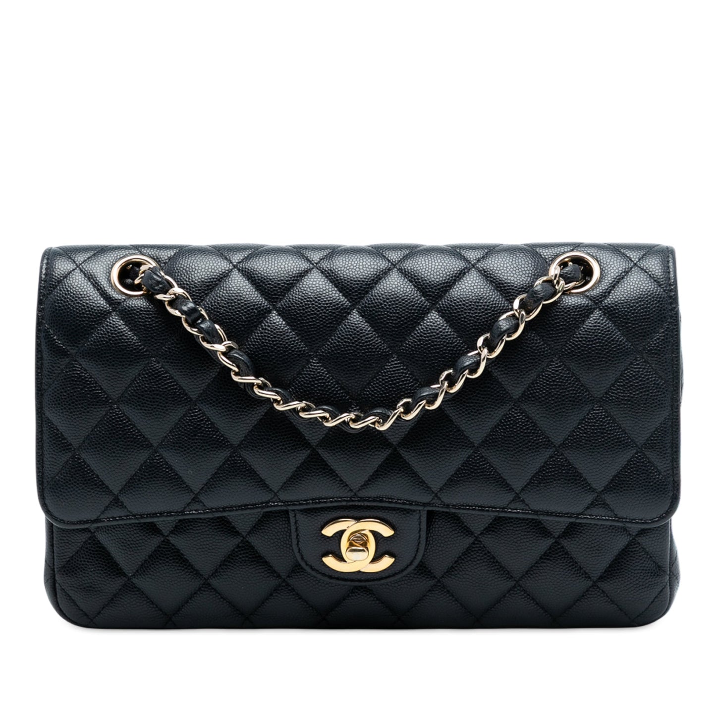 Second hand Chanel Classic Double Flap Medium Caviar Leather Matelassè Shoulder Bag Blue - Tabita Bags