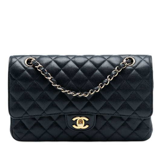 Second hand Chanel Classic Double Flap Medium Caviar Leather Matelassè Shoulder Bag Blue - Tabita Bags