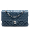 Second hand Chanel Classic Double Flap Medium Caviar Leather Matelassè Shoulder Bag Blue - Tabita Bags