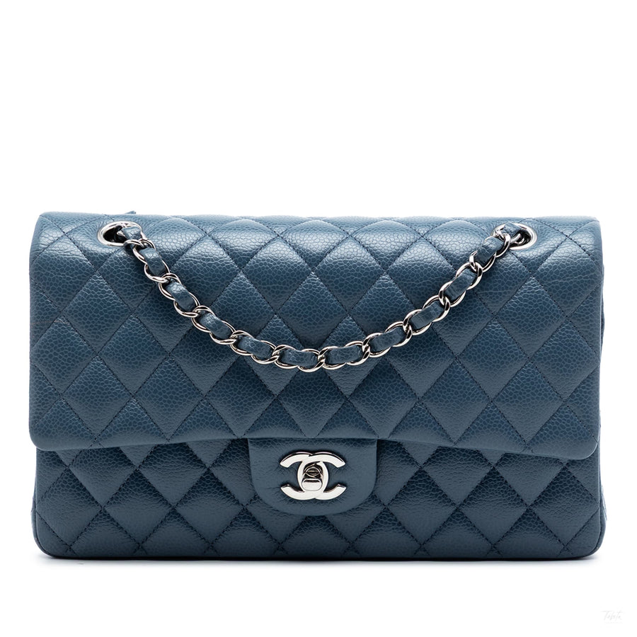 Second hand Chanel Classic Double Flap Medium Caviar Leather Matelassè Shoulder Bag Blue - Tabita Bags