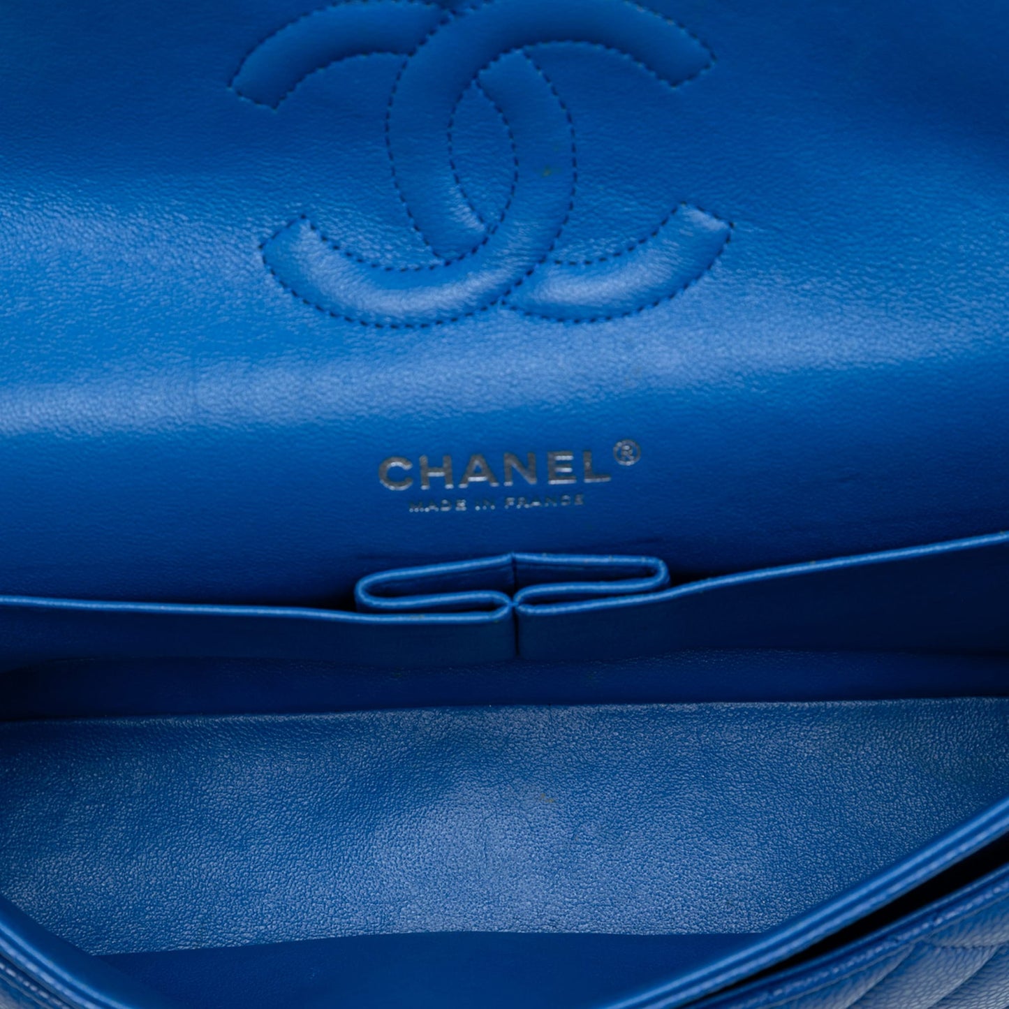 Second hand Chanel Classic Double Flap Medium Caviar Leather Matelassè Shoulder Bag Blue - Tabita Bags