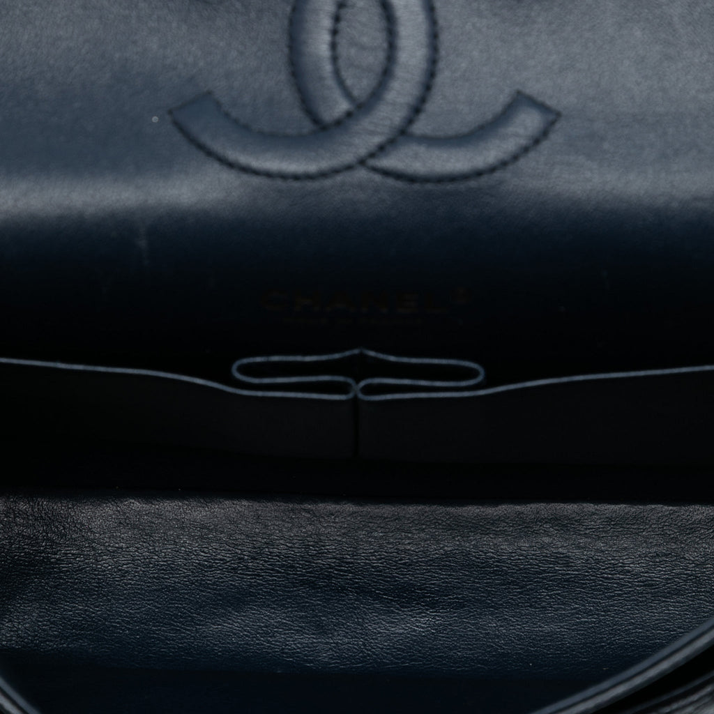 Second hand Chanel Classic Double Flap Medium Caviar Leather Matelassè Shoulder Bag Blue - Tabita Bags