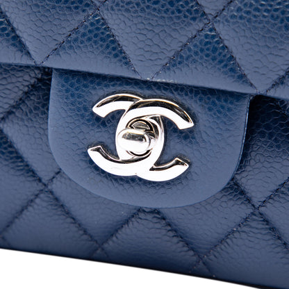 Second hand Chanel Classic Double Flap Medium Caviar Leather Matelassè Shoulder Bag Blue - Tabita Bags