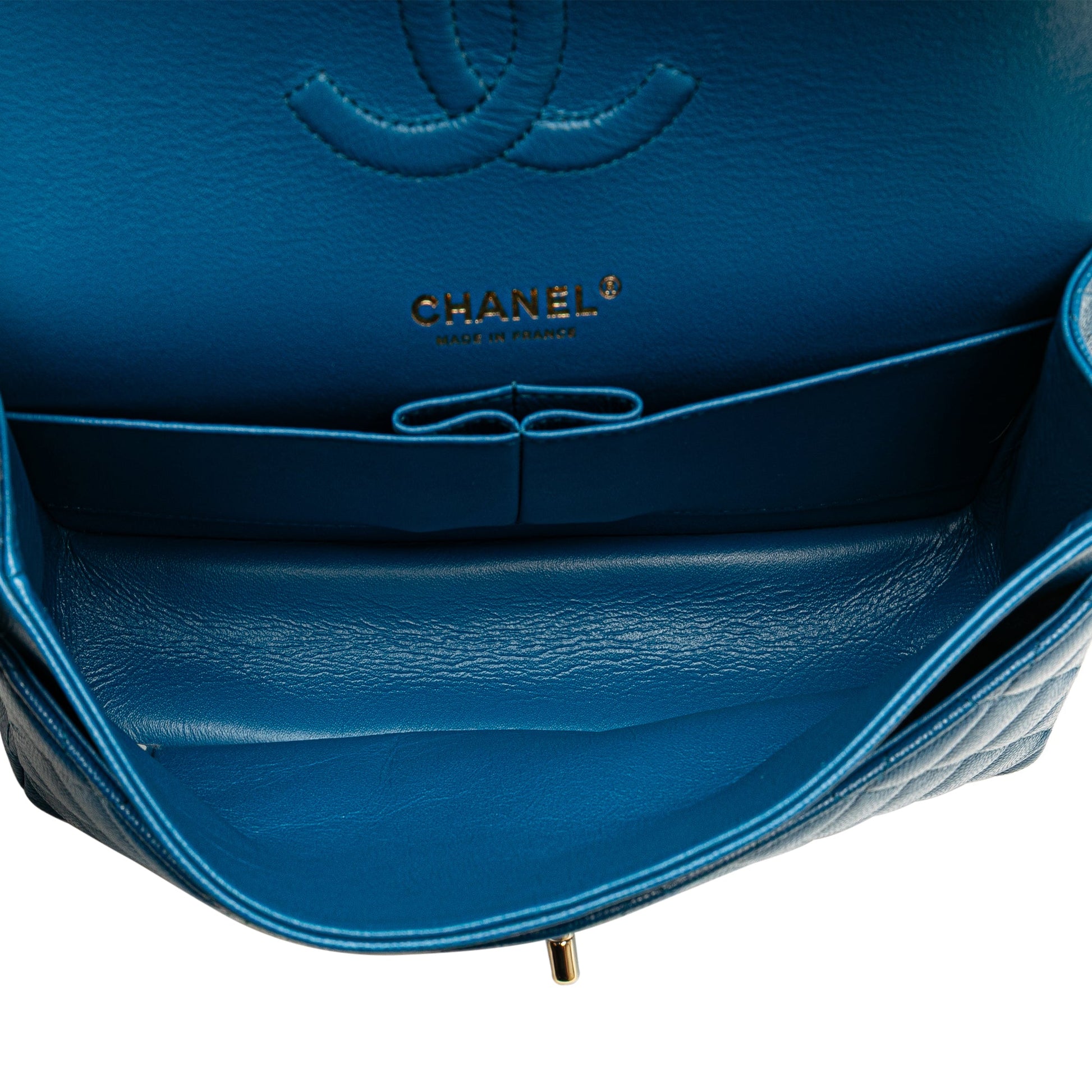 Second hand Chanel Classic Double Flap Medium Caviar Leather Matelassè Shoulder Bag Blue - Tabita Bags