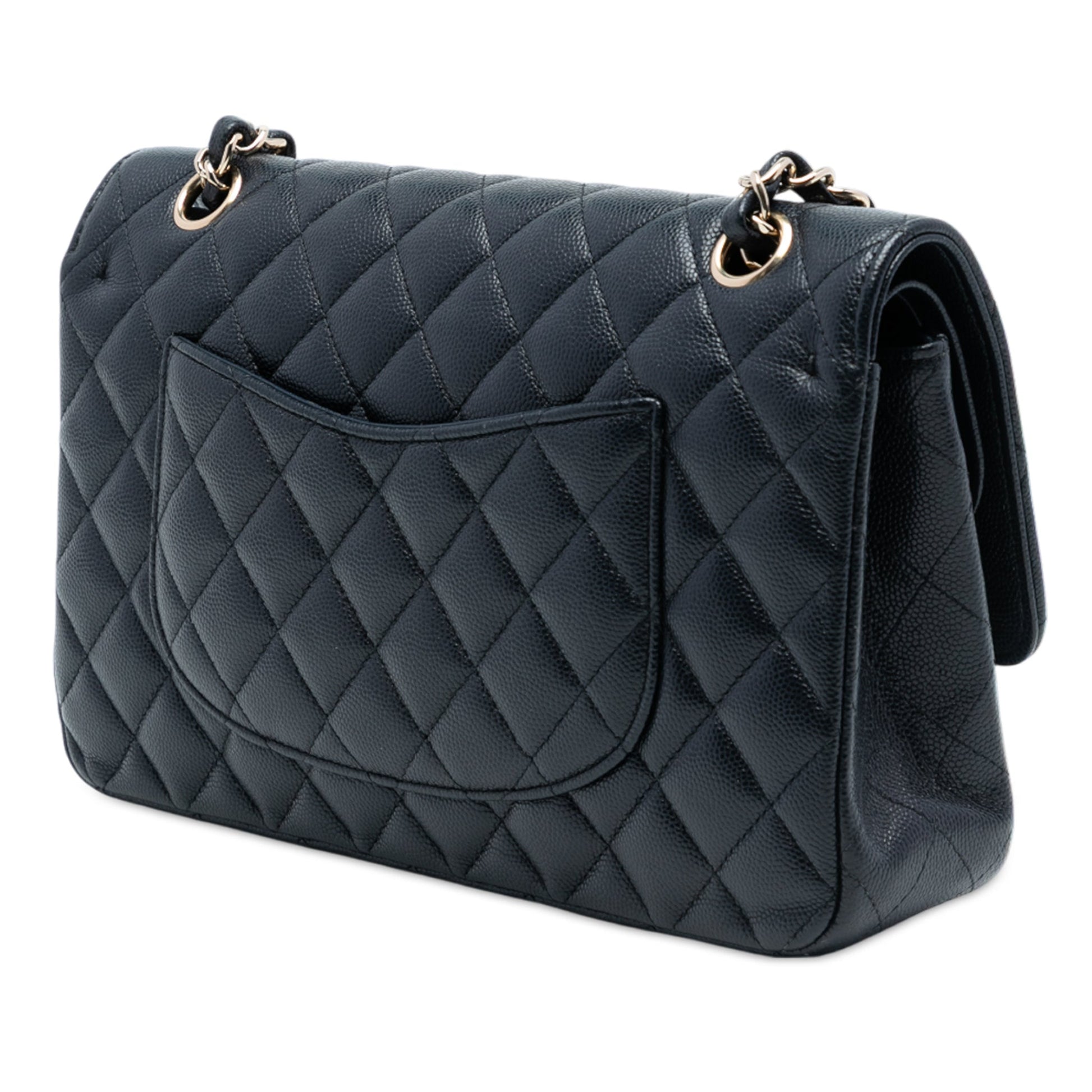Second hand Chanel Classic Double Flap Medium Caviar Leather Matelassè Shoulder Bag Blue - Tabita Bags