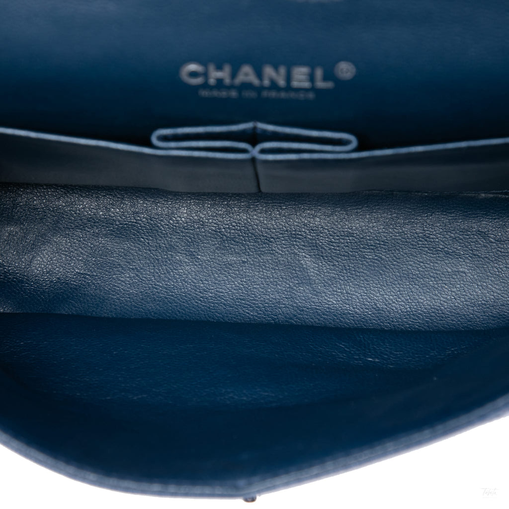 Second hand Chanel Classic Double Flap Medium Caviar Leather Matelassè Shoulder Bag Blue - Tabita Bags