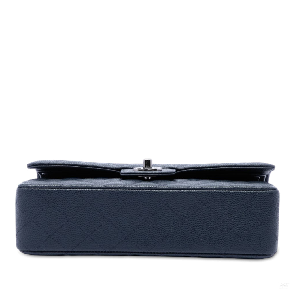 Second hand Chanel Classic Double Flap Medium Caviar Leather Matelassè Shoulder Bag Blue - Tabita Bags