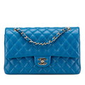 Second hand Chanel Classic Double Flap Medium Caviar Leather Matelassè Shoulder Bag Blue - Tabita Bags