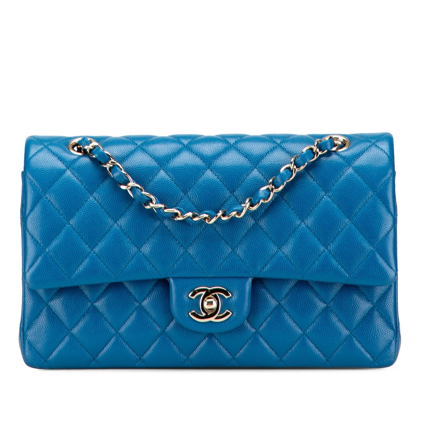 Second hand Chanel Classic Double Flap Medium Caviar Leather Matelassè Shoulder Bag Blue - Tabita Bags