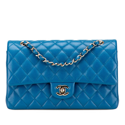 Second hand Chanel Classic Double Flap Medium Caviar Leather Matelassè Shoulder Bag Blue - Tabita Bags