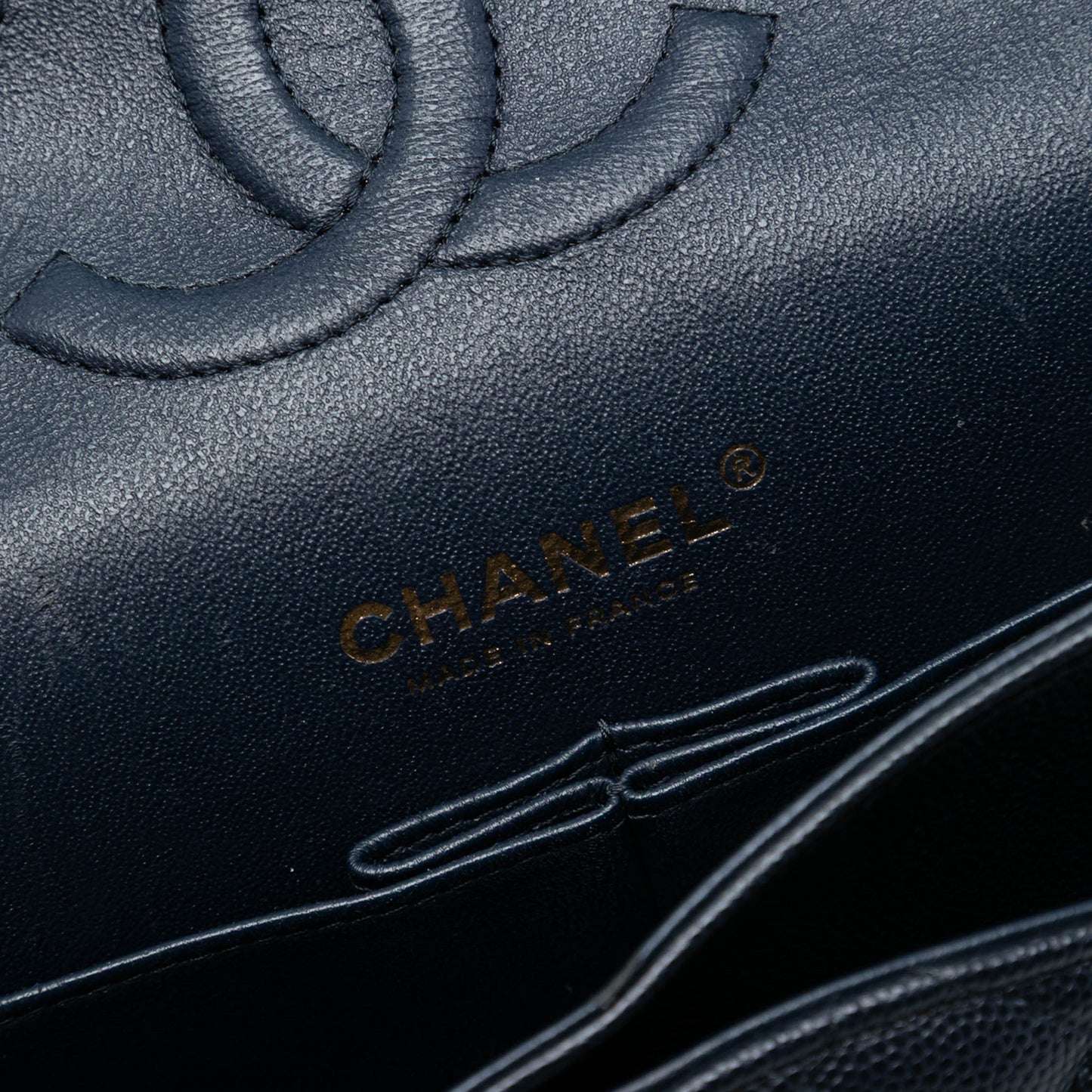 Second hand Chanel Classic Double Flap Medium Caviar Leather Matelassè Shoulder Bag Blue - Tabita Bags