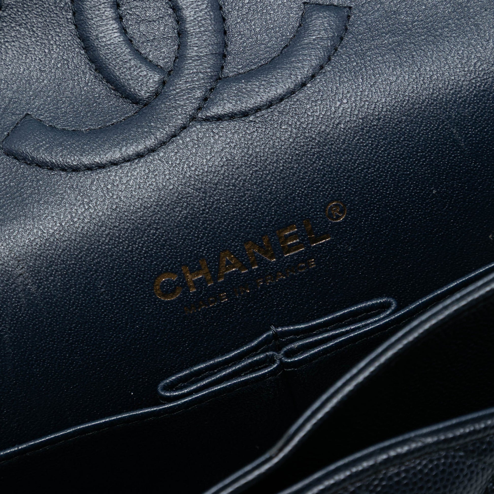 Second hand Chanel Classic Double Flap Medium Caviar Leather Matelassè Shoulder Bag Blue - Tabita Bags