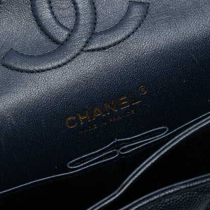 Second hand Chanel Classic Double Flap Medium Caviar Leather Matelassè Shoulder Bag Blue - Tabita Bags