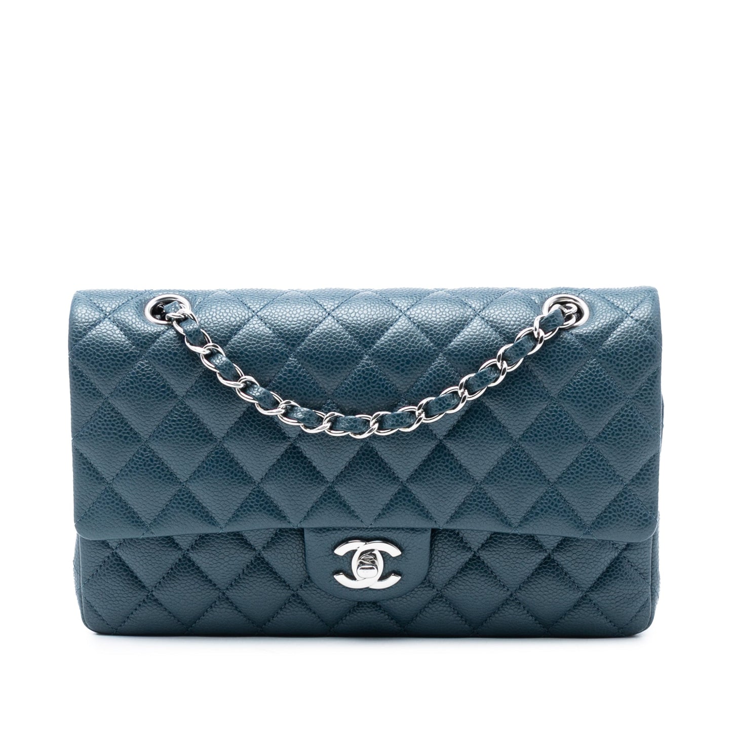 Second hand Chanel Classic Double Flap Medium Caviar Leather Matelassè Shoulder Bag Blue - Tabita Bags