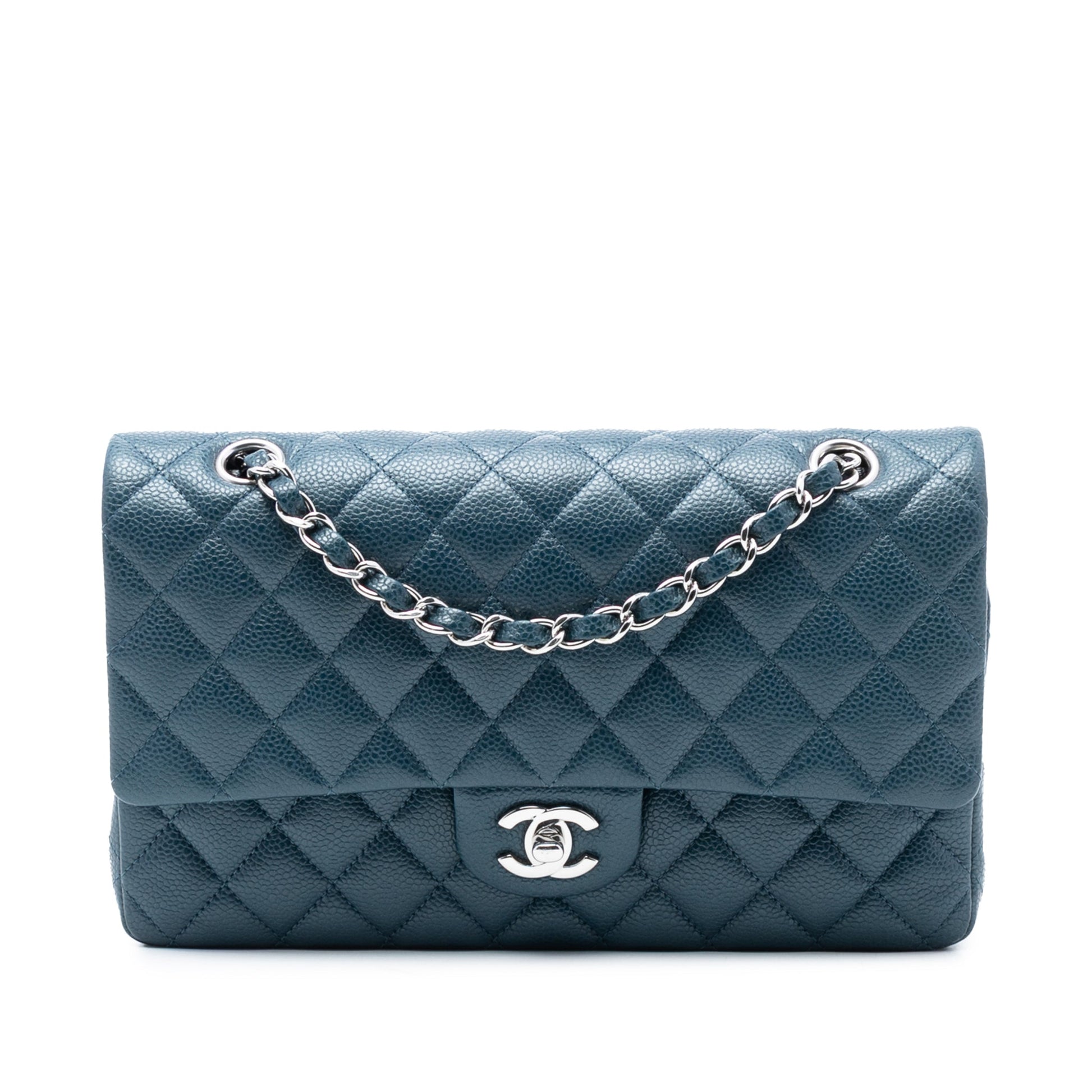 Second hand Chanel Classic Double Flap Medium Caviar Leather Matelassè Shoulder Bag Blue - Tabita Bags
