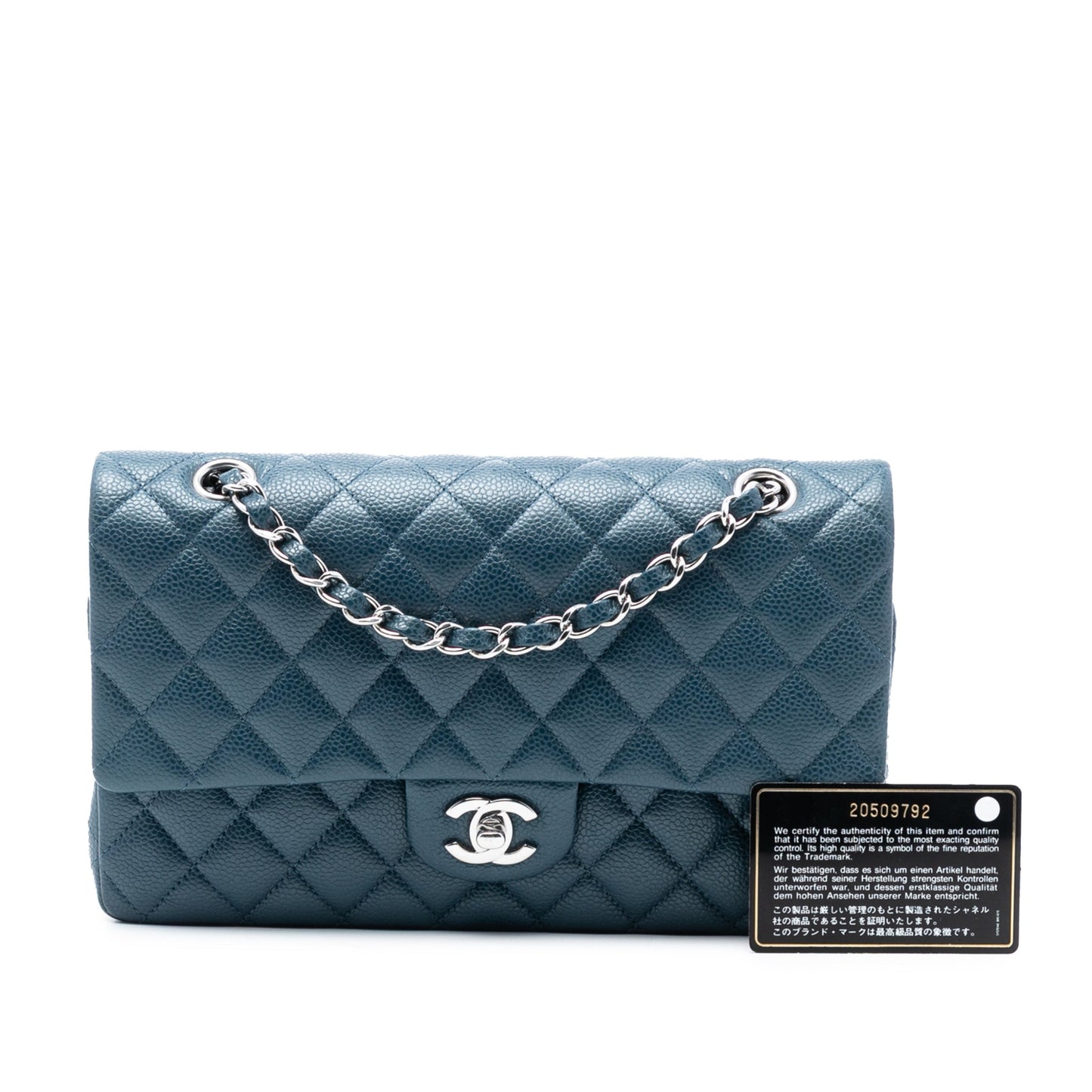 Second hand Chanel Classic Double Flap Medium Caviar Leather Matelassè Shoulder Bag Blue - Tabita Bags