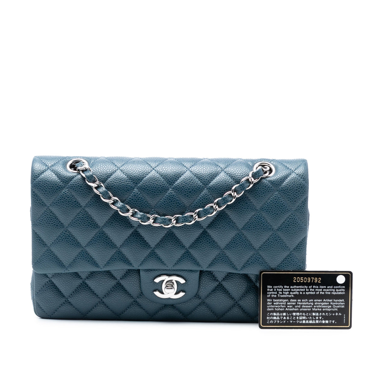 Second hand Chanel Classic Double Flap Medium Caviar Leather Matelassè Shoulder Bag Blue - Tabita Bags